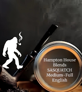 A steaming cup of coffee labeled Hampton House Blends Sasquatch.