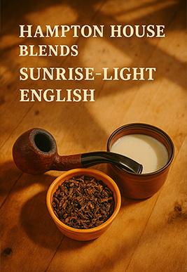 A vintage pipe, tobacco, and a cup of coffee on a wooden table with text about English blends.