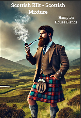 A bearded man in traditional Scottish attire smoking a pipe in a scenic landscape.