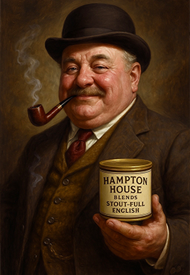 A smiling man in a brown suit smoking a pipe.