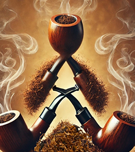 Three wooden smoking pipes with tobacco and swirling smoke.