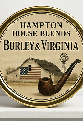 A vintage tobacco label with a pipe and a house with an American flag.
