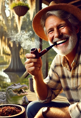 An elderly man with a pipe smiling and wearing a hat.