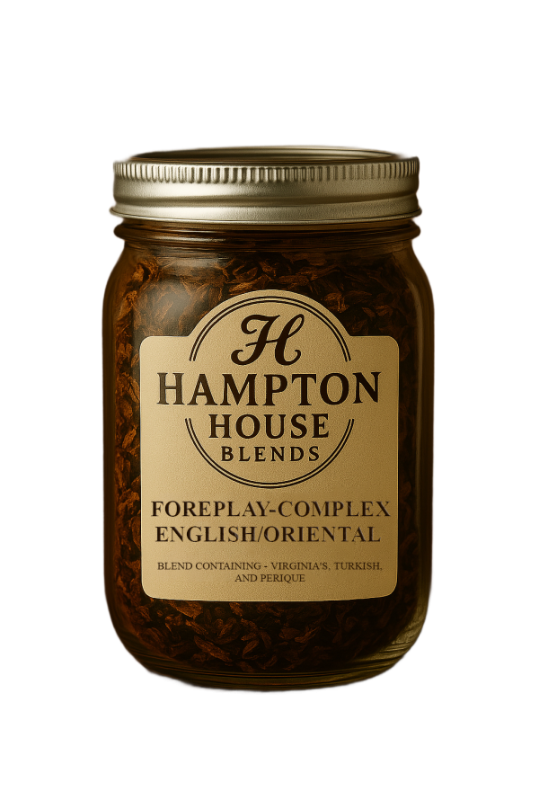 A jar of Hampton House Blends Foreplay-Complex English Oriental tobacco.