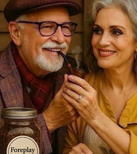 An elderly man with a pipe and a smiling woman beside him.