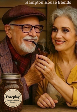 An elderly man with a pipe and a smiling woman beside him.