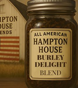 Classic vintage Hampton House Burley Delight tobacco tin with American flag in background.