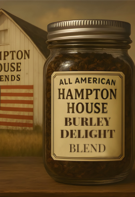 Classic vintage Hampton House Burley Delight tobacco tin with American flag in background.