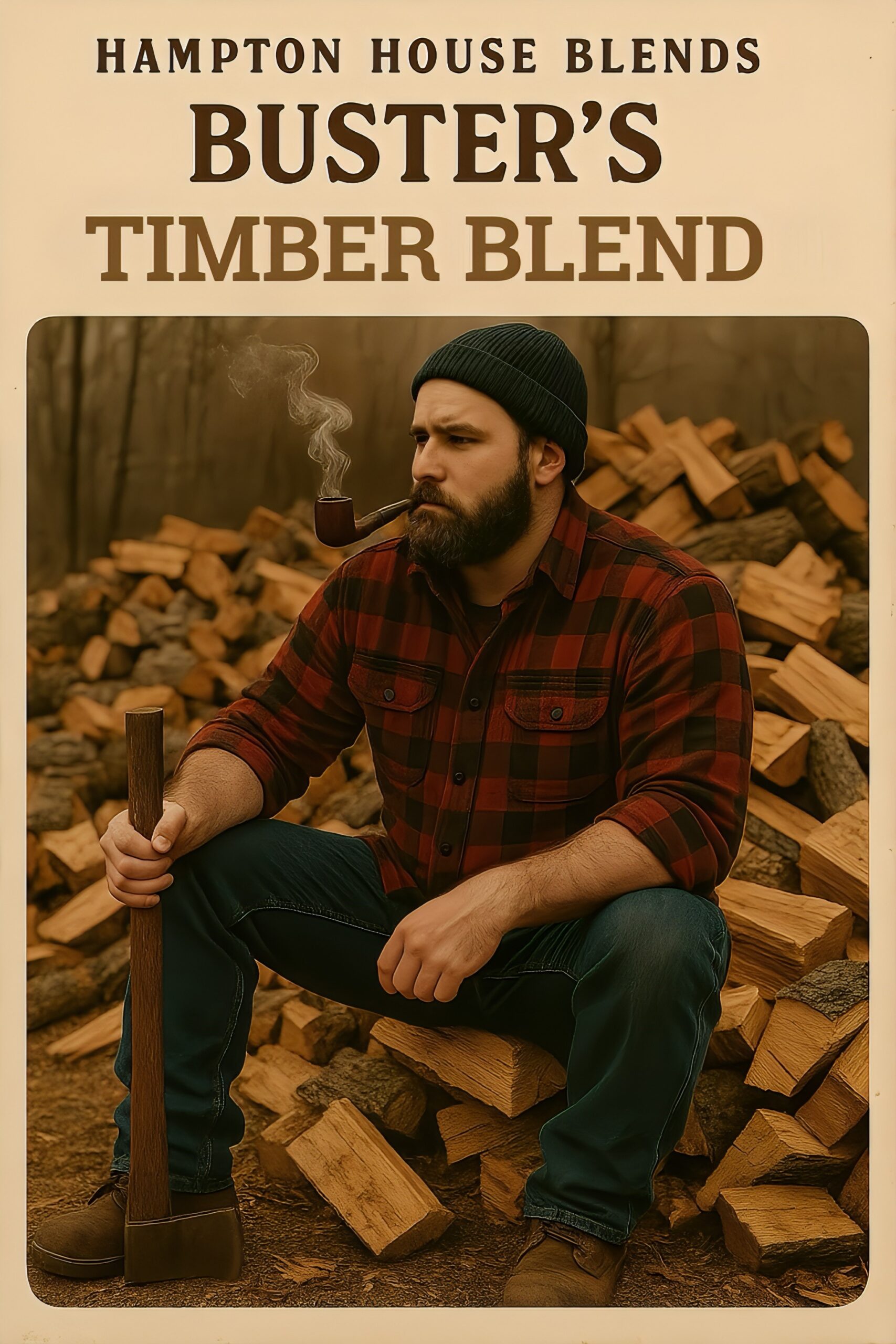 A bearded man in a red plaid shirt sitting among chopped wood.